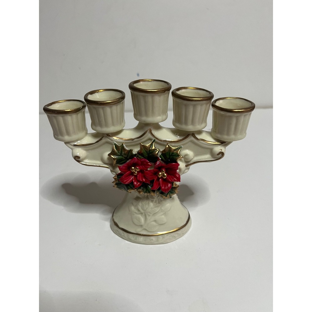 Vintage Christmas Ceramic Poinsettia Candelabra 5 Light Ivory Gold Trim Holiday